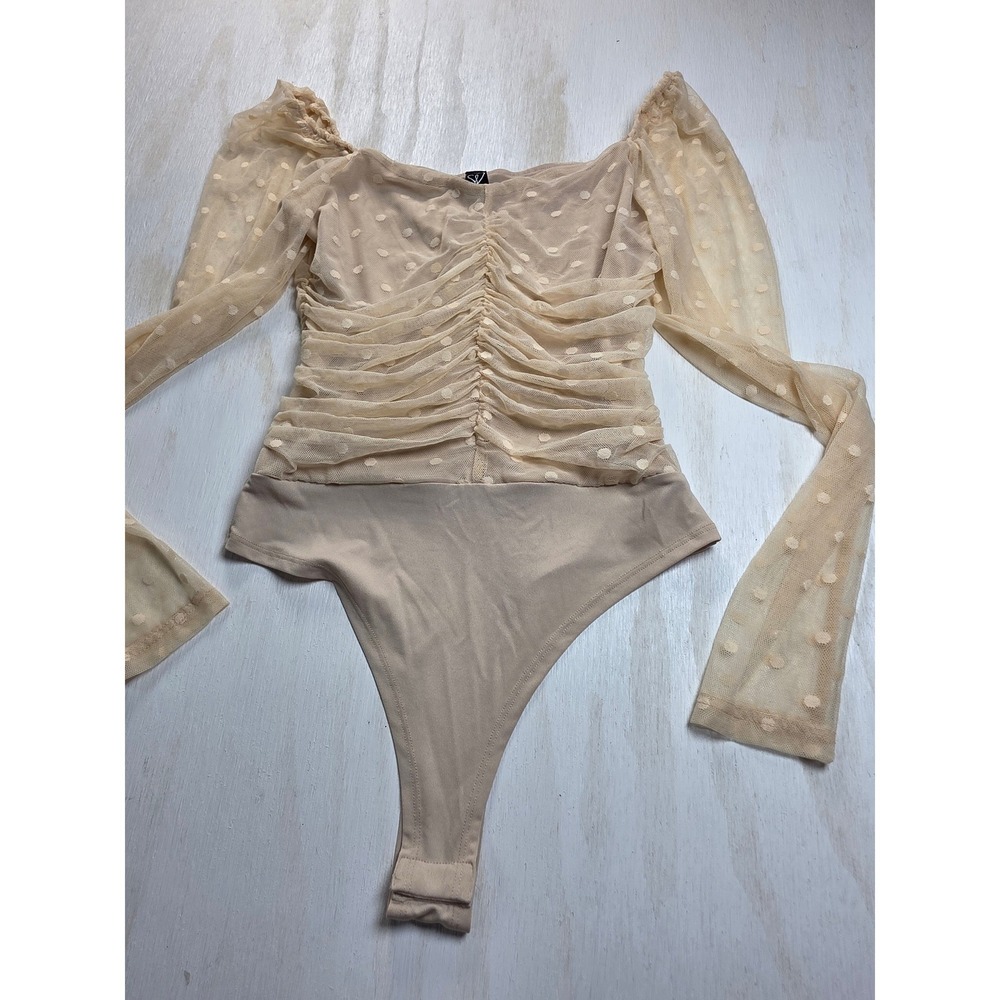 Windsor Beige Mesh Polka Dot Ruched Long Sleeve Bodysuit Cottage Core Boho S